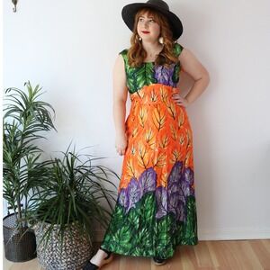Dela-Ann Creation Maxi Dress Orange Green Purple Leaf Print Vintage 100% Acetate